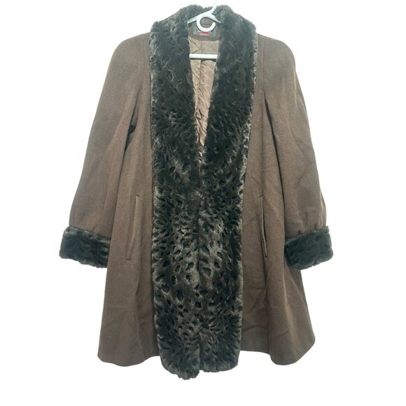Vintage Alorna Faux Fur Trim Wool Penny Lane Coat A-Line XL Brown Retro Old Mone - Picture 1 of 16
